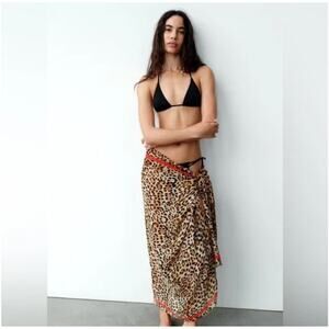 ZARA Leopard Print Modal Silk Blend Scarf with Red Stripe NEW